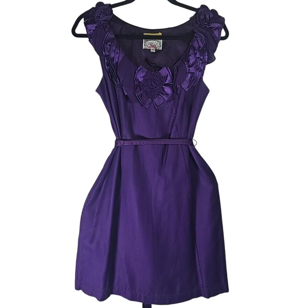 BARASCHI Purple Satin Flower Neckline Belted Dress Womens 2 A-line Office Career
